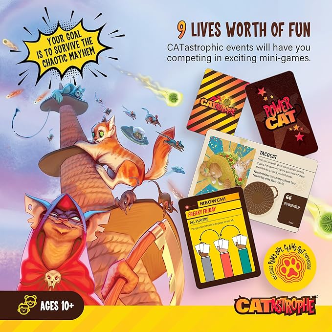 CATastrophe A Game of 9 Lives with Paws Out Expansion Pack! | The Purrfect Board Game for Family Night and Cat Lovers | Ages 10+ | 2-6 Players