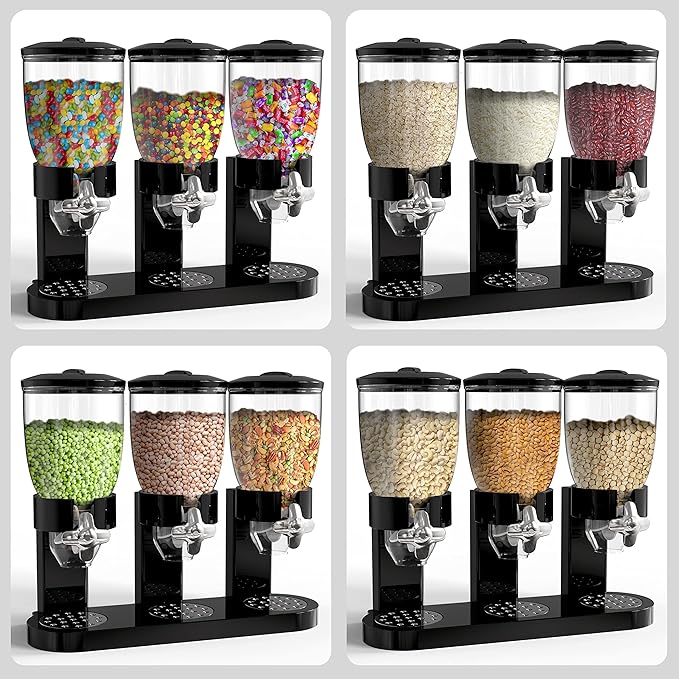 Triple Food Dispenser - Easy To Use Dry Food Dispenser Perfect As A Candy, Nuts, Rice, Granola, Cereal Dispenser & More - Dispensing 1 Ounce Per Twist And Preserving Freshness For Fun, Easy Serving.