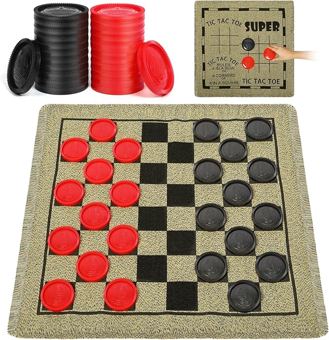 Giant Checkers Game Set - 3-in-1 Reversible Carpet for Kids & Adults - Oversized Indoor/Outdoor Mat for Family Fun & Parties