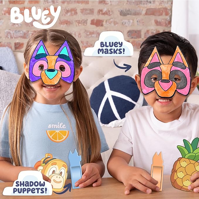 Bluey Imagination Case, 15 Games & Activities, Travel-Friendly Bluey Playset With Markers, Crayons, Balloons, Puppets & Games for 3 Year Olds, Fun Bluey Toys & Toddler Games, Bluey Party Decorations