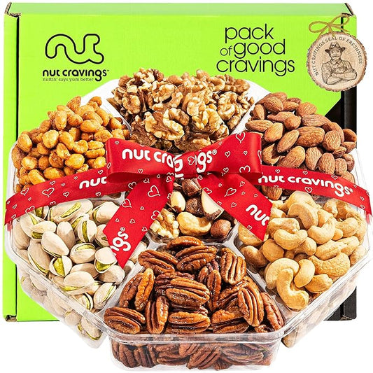 NUT CRAVINGS - Mixed Nuts Gift Basket + Heart Ribbon (7 Assortments) Food Arrangement, Healthy Snack Care Package, Kosher