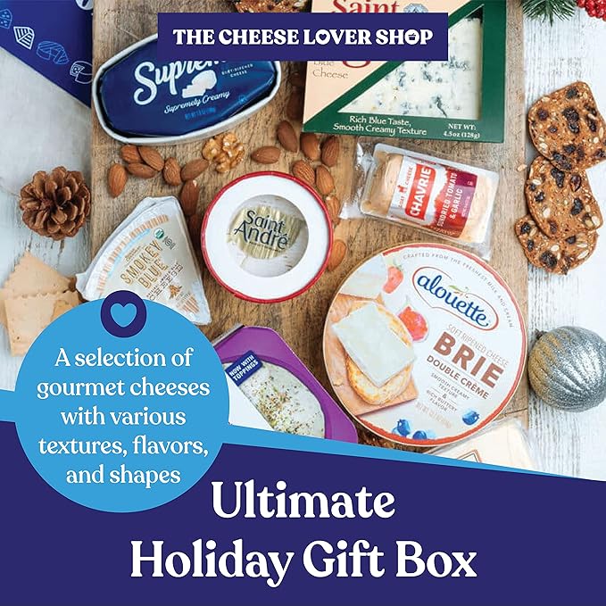 The Cheese Lover Shop Holiday Gift Box Party of 12, Cheese Platter with 7 Gourmet Cheeses with 4 Accompaniments, Cheese Sampler Gift Set