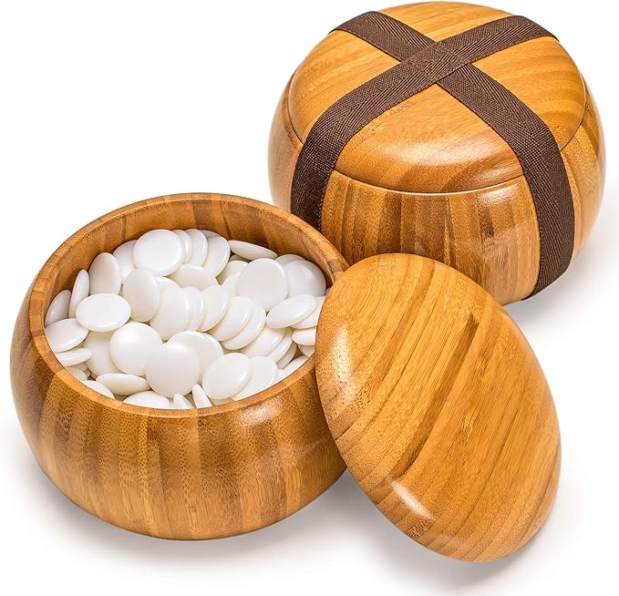 Yellow Mountain Imports Bamboo 0.8-Inch Reversible 19x19 / 13x13 Go Game Set Board with Single Convex Melamine Stones and Bamboo Wood Bowls Set - Classic Strategy Board Game (Baduk/Weiqi)
