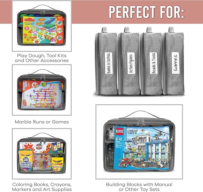 Toy Storage Bag, On the Go Toy Storage Organizer, Car Toy Organization, Blocks Travel Bag, Activity Bags for kids, Traveling Carrying Case, Storage Organizer (Large 4 pc Grey Bags)