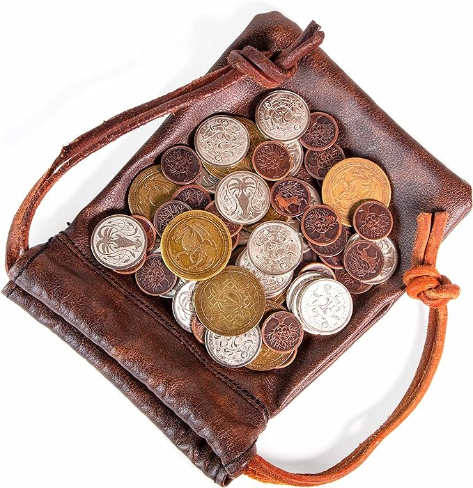 The Dragon's Hoard: 60 Real Metal Fantasy Coins with Leather Pouch | Board Game Accessory for Tabletop RPG Role-Play Strategy Games | Bronze, Silver, and Gold Colored Coins