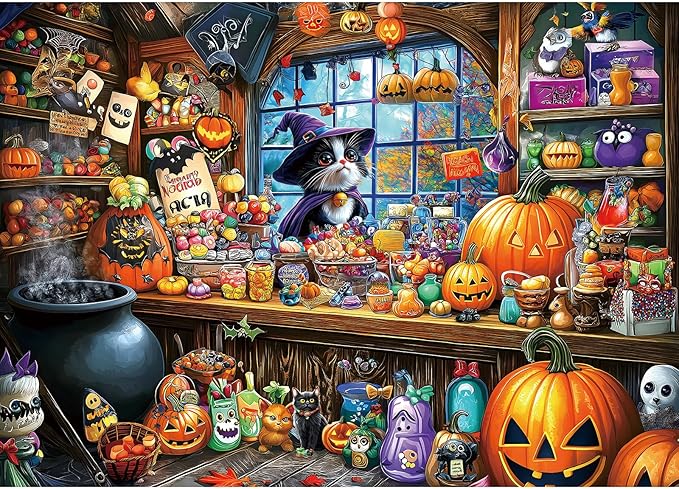 Halloween Witch Cat 1000 Piece Puzzle for Adults Halloween Candy Store Jigsaw Puzzle Spooky Treats Scene Challenging Impossible Puzzle Fun Games for Adults & Family Game Night
