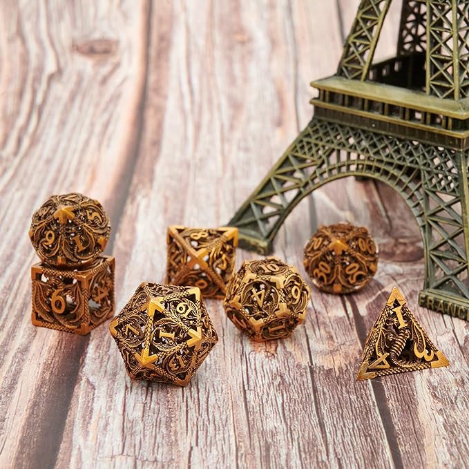 Metal DND Dragon Dice Set Dungeons and Dragons for Role Playing Games (RPG) MTG Pathfinder Tabletop Games(Ancient Gold)