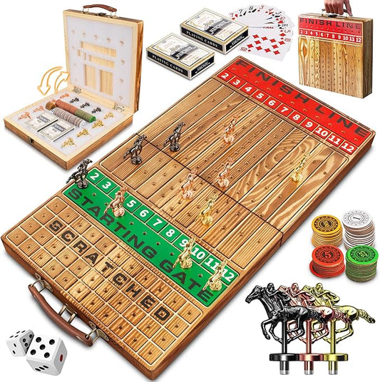 Horse Racing Game, Foldable Solid Wood Horse Games, Horse Race Board Game with 11 Metal Race Horses, Two Dice and Two Boxes of Cards, 2 in 1 Folding Horse Game Board (Folding Version)