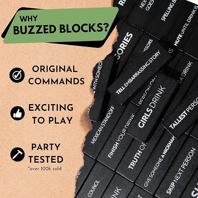 Adult Drinking Game - 54 Blocks with Hilarious Drinking Commands on 40 of Them | Perfect Party Starter | Entertaining Party Game for Adults | Novelty Funny Gift (Black)