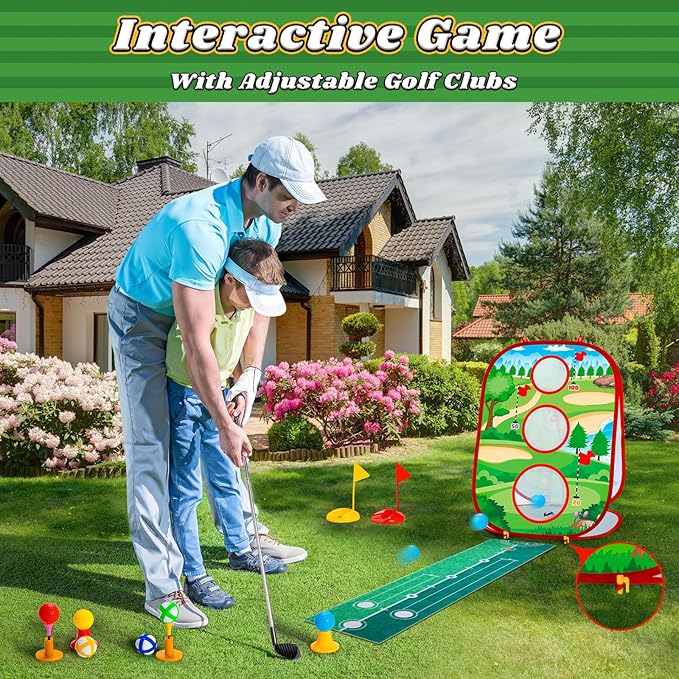 Toddler Golf Toys Set for Kids - Game with Double-Sided Golf Chipping Cornhole Board, 12 Ball, 2 Adjustable Clubs, Indoor Outdoor Birthday Gifts for Girls Boys 3 4 5 6 Years Old