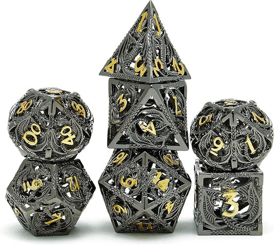 Metal DND Dragon Dice Set Dungeons and Dragons for Role Playing Games (RPG) MTG Pathfinder Tabletop Games(Black Gold)