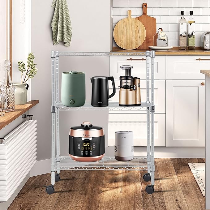 BestOffice 3-Tier Adjustable Wire Shelving Storage Shelves Heavy Duty Shelving Unit with Wheels for Small Places Kitchen Garage Balcony,Chrome