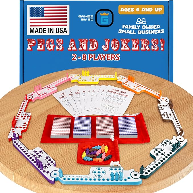 Pegs and Jokers Board Game - Strategic, Fun, Engaging, and Portable - Play with Family and Friends - Easy to Learn - Travel-Friendly - with Horse-Head Peg and Deck of Cards 2-8 Players