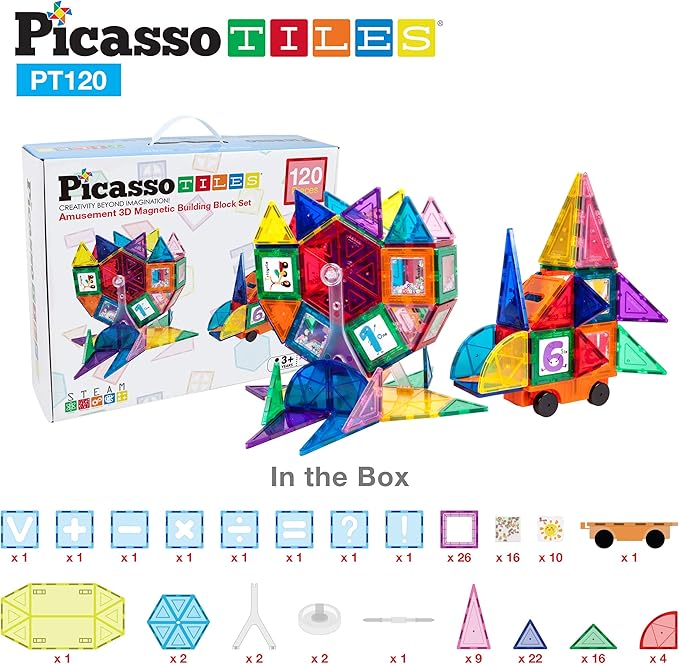 PicassoTiles 120pc Master Builder Magnetic Building Block Construction Set Toy Blocks with Ferris Wheel, Castle Click-in, 28 Educational Alphabet Animal and Number Graphic Card, Car Truck Windmill