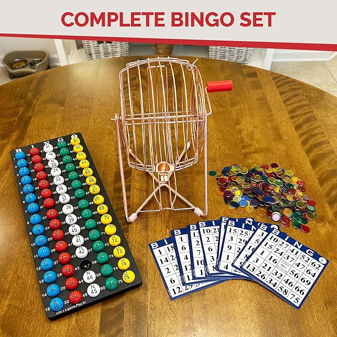 MR CHIPS 11" (Inch) Tall Professional Bingo Set with Steel Cage, Everlasting 7/8” Balls, 18 Cards and 300 Chips - Rose Gold Color