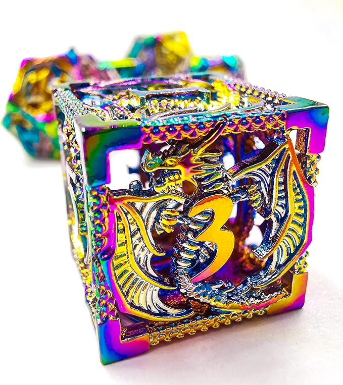 Metal DND Dice Set Dungeons and Dragon Dice Set Hollow Dragon Polyhedral Magic 7 PCS Dice Set with Gift Metal Box for Dungeons and Dragons Table Games Play Cards MTG(Dragon_Colorful)