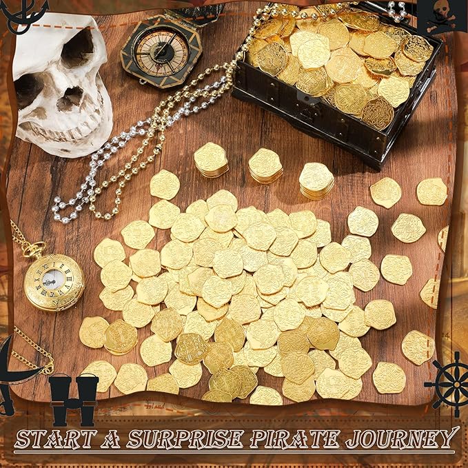 Hanaive 200 Pcs Metal Pirate Coins Set Gold Coins Treasure Chest Spanish Doubloon Fake Tokens for Boys and Girls Board Games Pirate Party Cosplay(Gold)