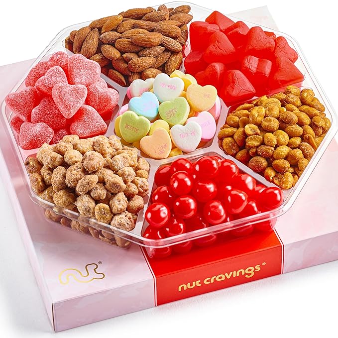 NUT CRAVINGS - Mixed Nuts & Heart Candy Gift Basket in Red Gold Box (7 Assortments, 1 LB) Food Arrangement, Healthy Snack Care Package, Kosher