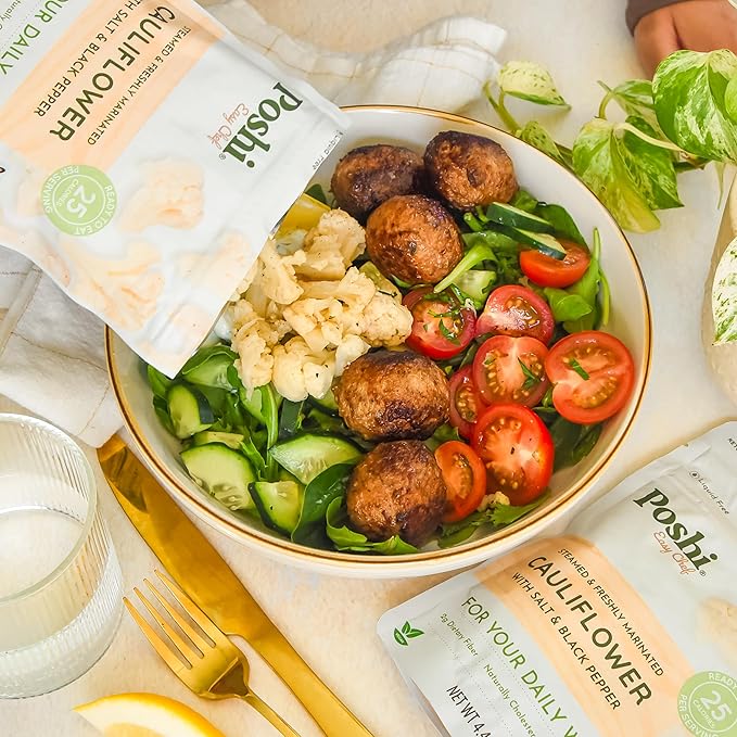 POSHI Marinated Cauliflower Florets with Salt + Black Pepper Natural, Keto, Vegan, Non GMO, Low Carb + Calorie, Gluten Free Ready to Eat Fully Cooked Vegetables, Pentry Food, Gourmet, 6 Pack, 4.4 oz