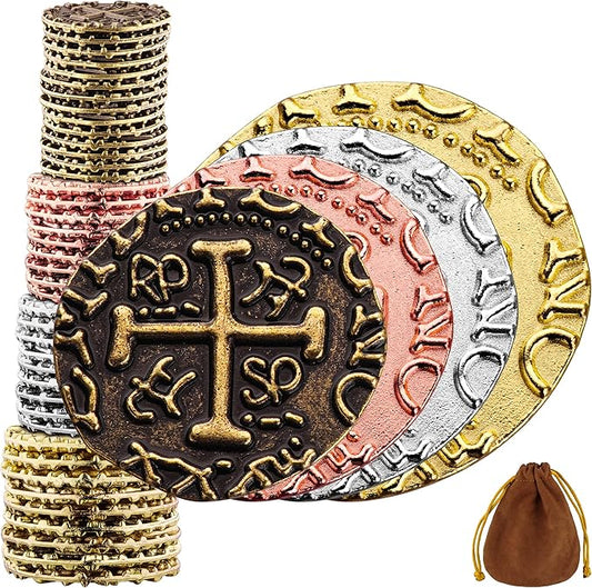 Large Metal Pirate Coins - 36 Bronze, Silver, Gold & Rose Gold Treasure Coin Set - Metal Replica Spanish Doubloons for Board Games, Tokens, Cosplay, Treasure Chest - M, L, XL, XXL Sizes Mix