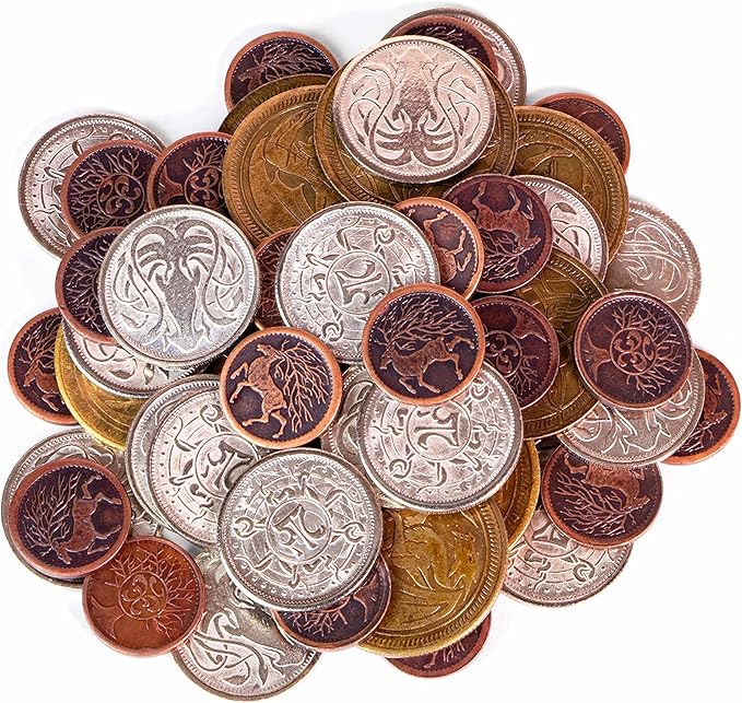 The Dragon's Hoard: 60 Real Metal Fantasy Coins with Leather Pouch | Board Game Accessory for Tabletop RPG Role-Play Strategy Games | Bronze, Silver, and Gold Colored Coins