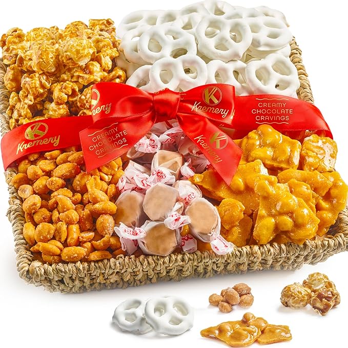 KREMERY Creamy Chocolate Cravings - Chocolate Covered Pretzels & Caramel Popcorn Gift Basket, in Seagrass Tray + Ribbon (Classic, 1.5 lbs) Food Arrangement, Kosher Dairy, USA Made