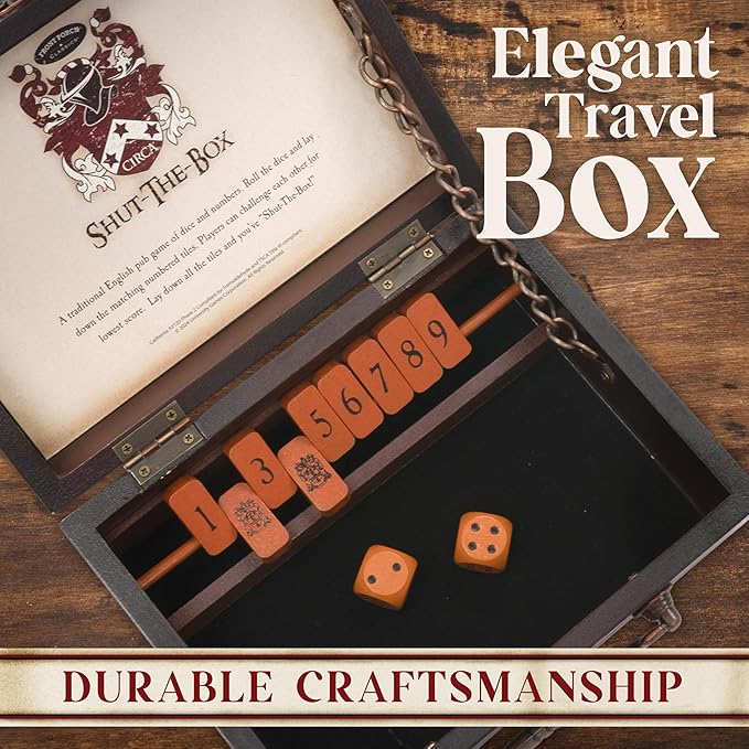 Front Porch Classics, Circa Shut the Box, Wooden 9 Number Dice Game with Case for Travel, for Adults and Kids Ages 8 and Up