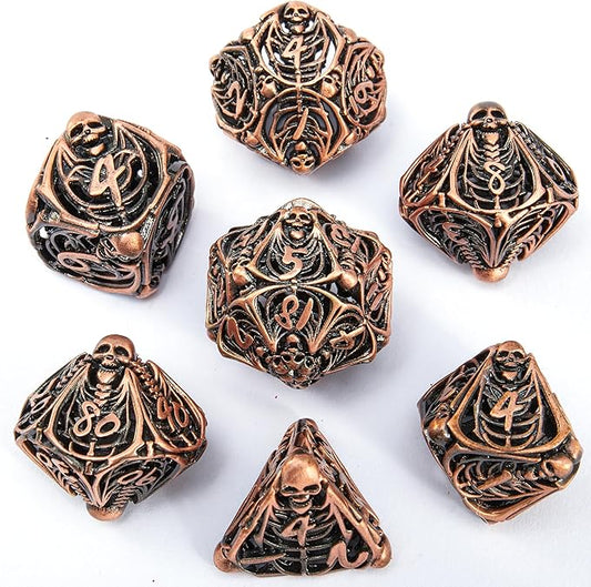 Metal Skull Dice Set Hollow Multi-Sided Dungeons & Dragons Dice 7CPS Role-Playing Dice Set with Flannel Bag Suitable for D&D Board Game Cards(Antique red Copper)