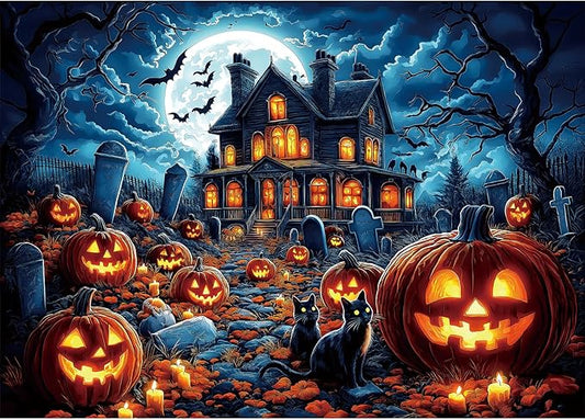 Halloween Haunted House 1000 Piece Jigsaw Puzzle for Adults - Spooky Night Graveyard Scene Challenging 1000-Piece Puzzle for Adults & Teens - Premium Quality with Reference Poster