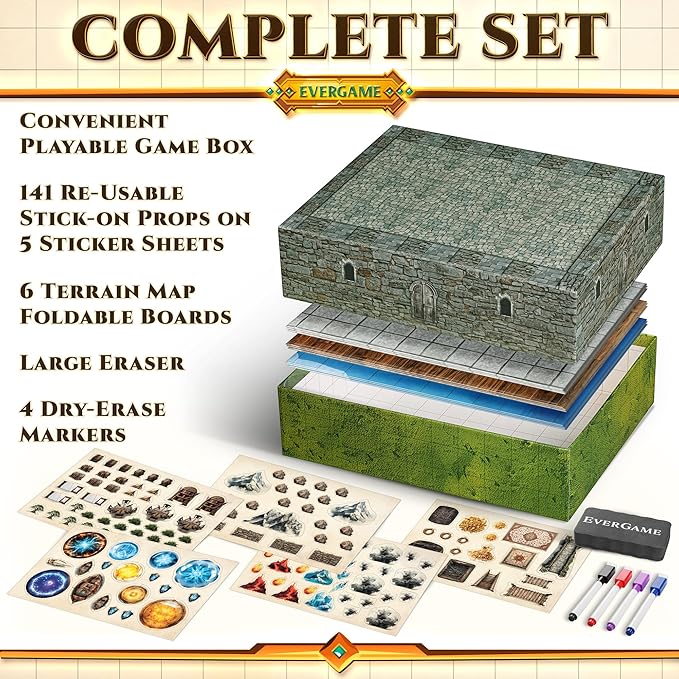 10 DND Game Mats and a lot More - Includes 6 Dungeons & Dragons Board Game Battle Maps (1" Square Grid), Huge Size 22x26-4 3D Battle Arenas, 140+ Reusable Stickers, 4 Markers & Eraser, by EverGame