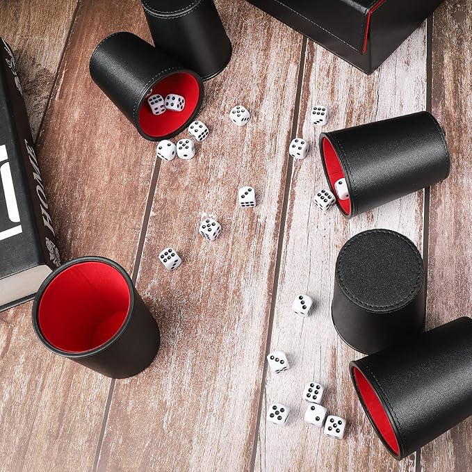 Leather Dice Cup Set, 6 Dice Cups+30 Dice+1 Folding Tray Exclusive Storage and Transport Case Made of Faux (Black Red)