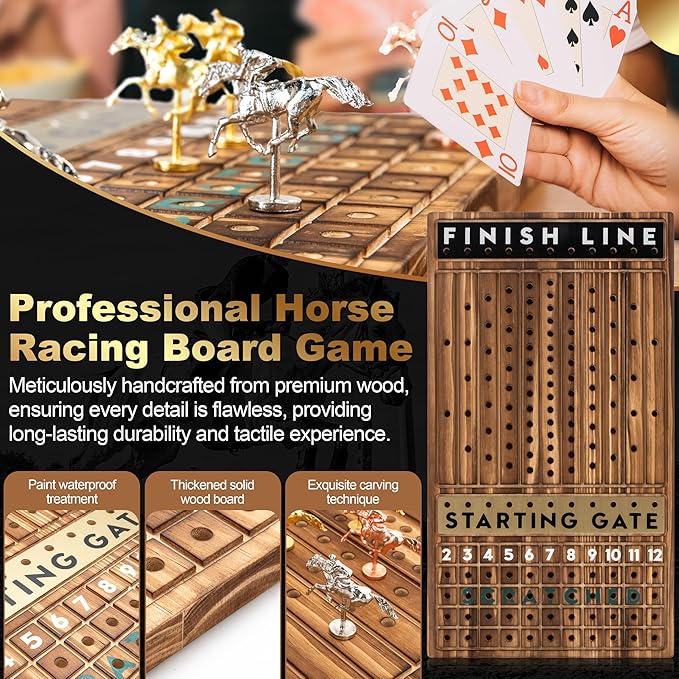 Horse Race Board Game Racing Game - Solid Wood Race Game Board with Dice, 2 Playing Card Decks, and Suede Carry Bag - Large 21 x 12 inch Horse Racing Board Game with 11 Premium Metal Horses