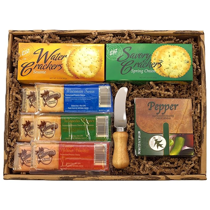Gift Basket Village American Cheese and crackers Gift Box – Gourmet Cheddar Cheese Bars, Creamy Spread, Spreader & Crackers for Charcuterie Boards, July 4th, Memorial Day & Patriotic Celebrations