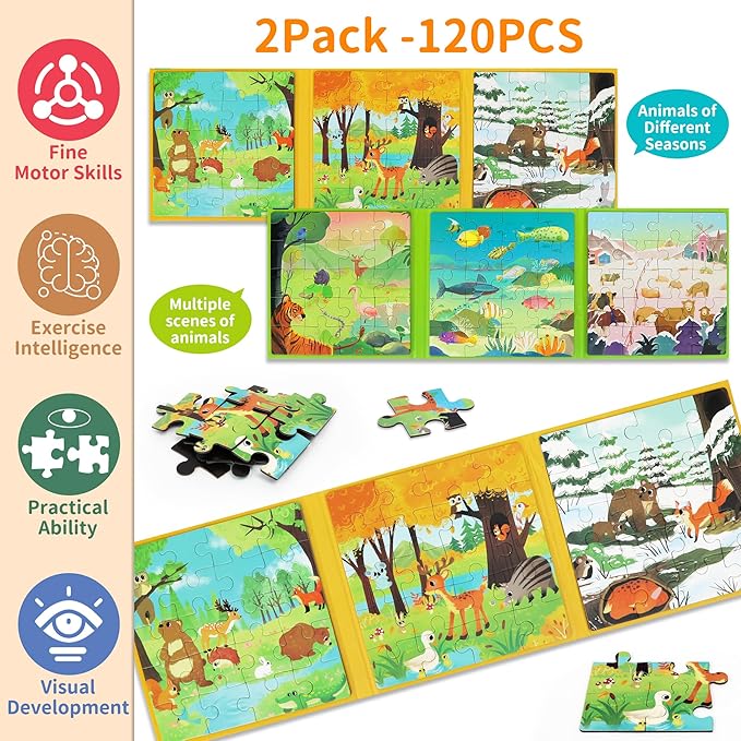 Puzzles for Kids Ages 3-5 120 Pieces Two-Book Travel Puzzles for Kids 4-6 Airplane Car Road Trip Activities Games Toys 3 4 5 6 7 8 Year Old Girls and Boys Gift