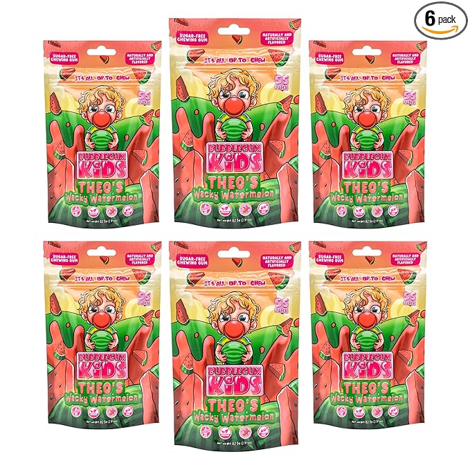Bubblegum Kids Sugar Free Gum - For Kids and Adults - Vegan Friendly - Retro, Parent Approved Bubble Gum with Burst of Sweet Flavor - Theo's Wacky Watermelon (Watermelon 6-Pack)