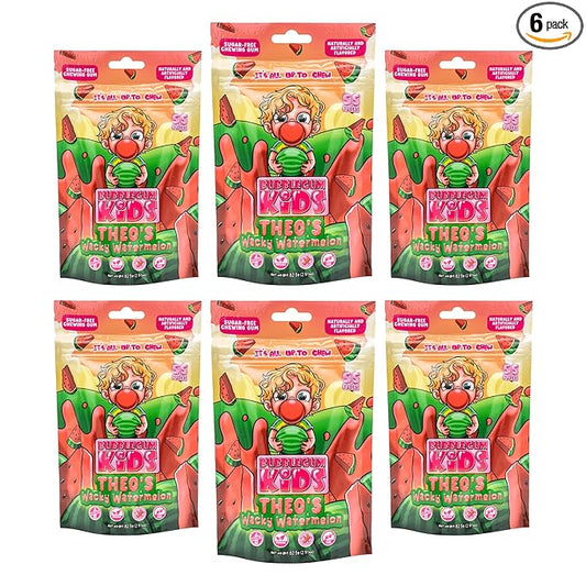 Bubblegum Kids Sugar Free Gum - For Kids and Adults - Vegan Friendly - Retro, Parent Approved Bubble Gum with Burst of Sweet Flavor - Theo's Wacky Watermelon (Watermelon 6-Pack)