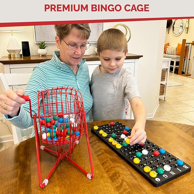 MR CHIPS 11" Tall Bingo Set with Steel Cage Professional Game Everlasting 7/8” Balls, 18 Cards and 300 Chips - Lucky Red Color