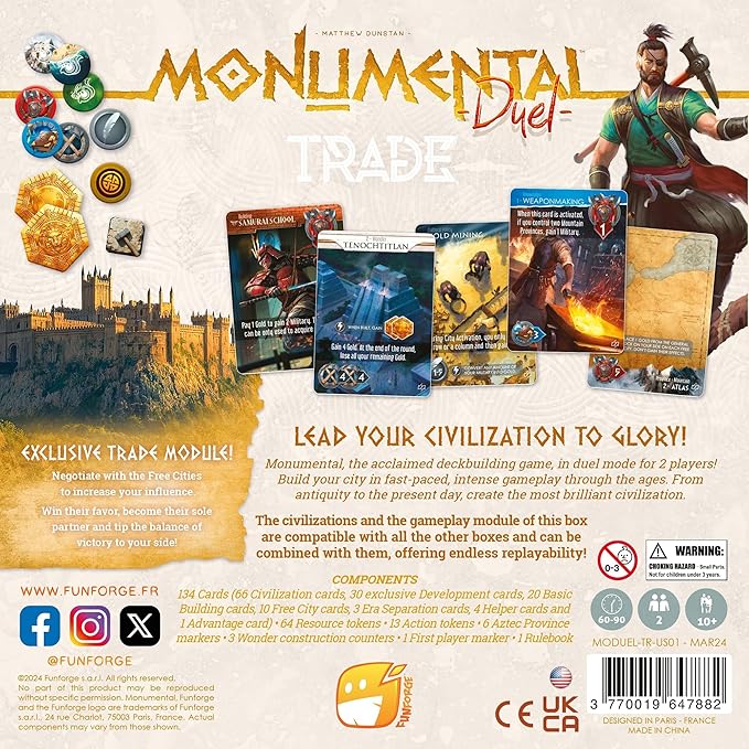 Monumental Duel - Trade - Civilization Deck-Building Board Game, Strategy Game, Combine Or Standalone, Ages 10+, 2 Players, 60-90 Min