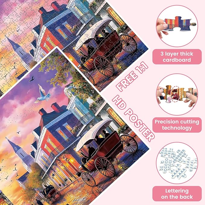 500 Pieces Carriage Puzzles for Adults, Evening Street Puzzle for Adults Children Seniors, Retro Style Puzzle 500 Pieces, Gift for Birthday, Home Decor, Fun for Family Entertainment(20.5 * 15 in)