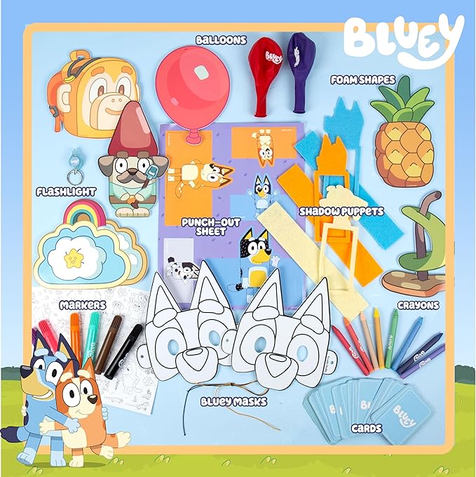 Bluey Imagination Case, 15 Games & Activities, Travel-Friendly Bluey Playset With Markers, Crayons, Balloons, Puppets & Games for 3 Year Olds, Fun Bluey Toys & Toddler Games, Bluey Party Decorations