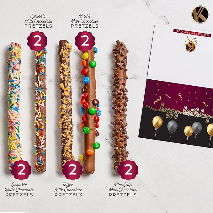 KREMERY Creamy Chocolate Cravings - Birthday Treats, Chocolate Covered Pretzel Rods Gift Basket, in Confetti Tower + Greeting Card (10 Pretzels, Assorted Sweet Toppings) Kosher Dairy, USA Made
