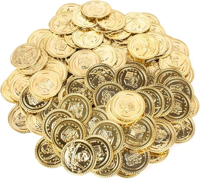 Super Z Outlet Pirate Plastic Gold Colored Coins Buried Treasure and Pirate Gems Jewelry Playset Activity Game Piece Pack Party Favor Decorations (120 Coins + 120 Gems)