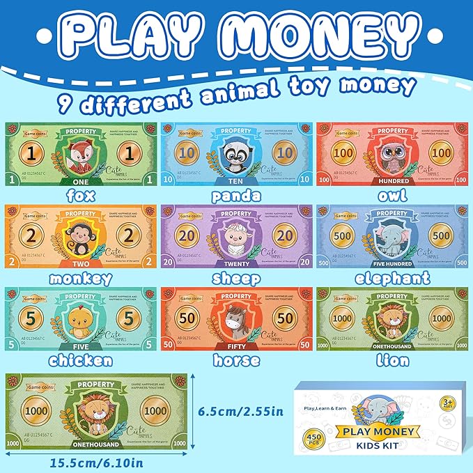 450 Pieces Prop Money Play Money, 9 Types of Small Animals banknotes, Number Learning Education, Develops Early Math Skills, Board Games, Magic, Videos
