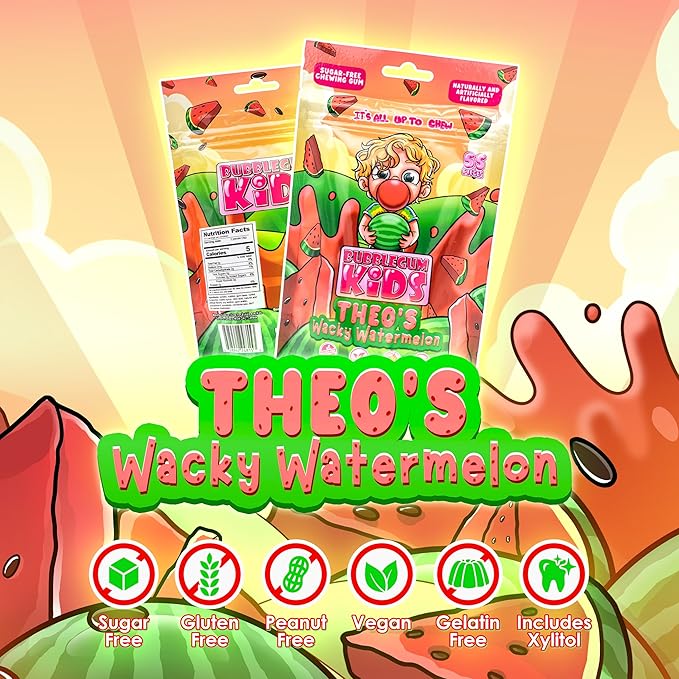 Bubblegum Kids Sugar Free Gum - For Kids and Adults - Vegan Friendly - Retro, Parent Approved Bubble Gum with Burst of Sweet Flavor - Theo's Wacky Watermelon (Watermelon 3-Pack)