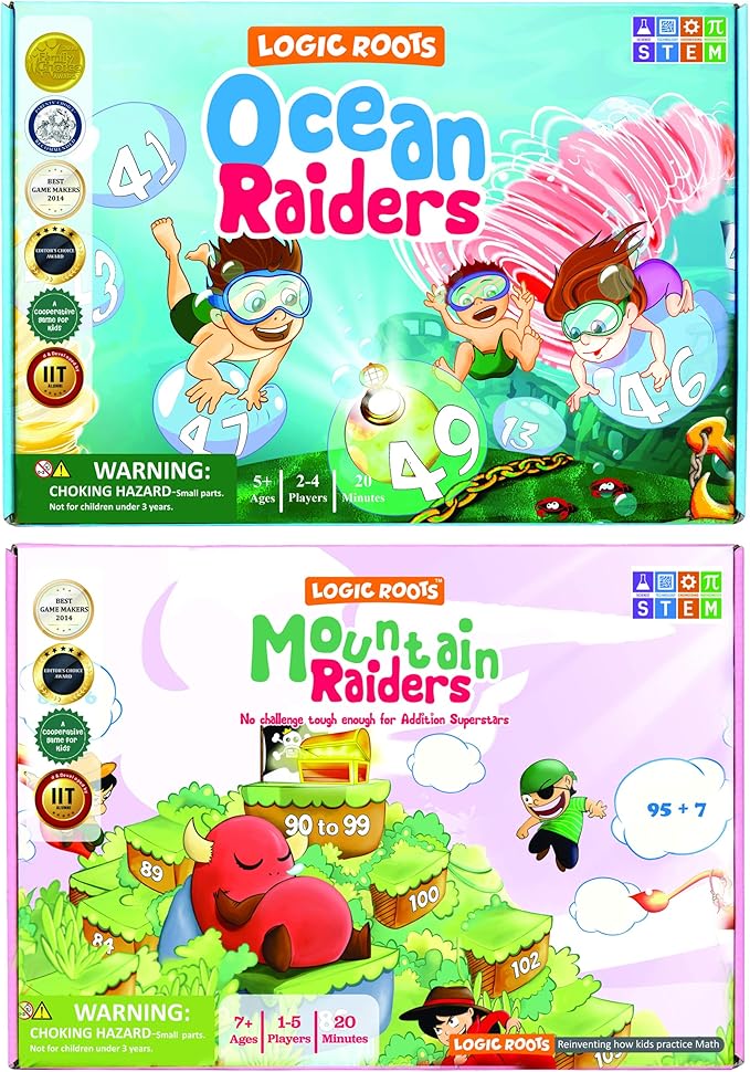 Addition Games - Pack of 2, Mountain Raiders and Ocean Raiders, Math Board Games and STEM Toys for 5- 9 Year Olds, Educational Gift for Kids, Homeschoolers, Kindergarten and Up