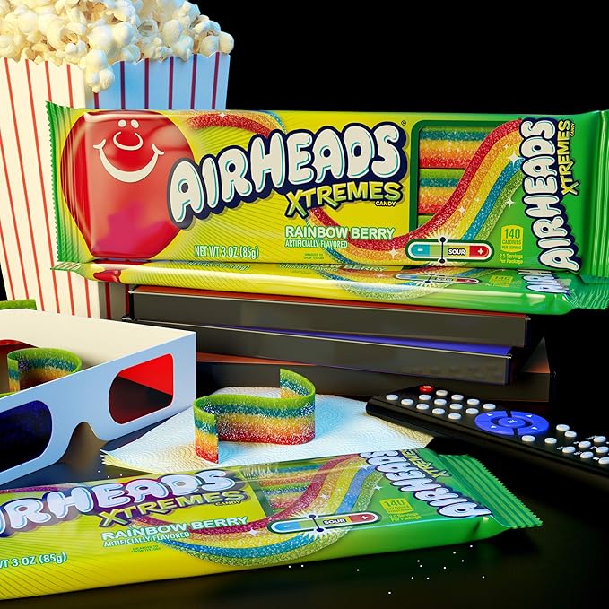 Airheads Xtremes Belts, Rainbow Berry Flavor, Sweetly Sour Candy, Non-Melting, Bulk Movie Theater and Party Bag, 3 Ounce (Pack of 12)