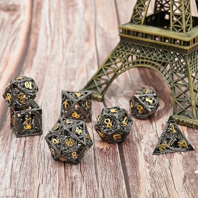 Metal DND Dragon Dice Set Dungeons and Dragons for Role Playing Games (RPG) MTG Pathfinder Tabletop Games(Black Gold)