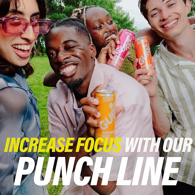 GURU Peach Mango Punch Organic Energy Drinks, Clean Energy Drink with Plant Based Natural Caffeine from Green Tea + Focus with L Theanine, Gluten Free and Vegan, 140MG Caffeine, 12oz (Pack of 12)