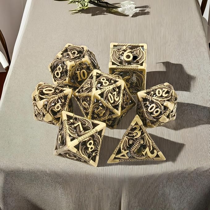 Metal DND Dice Set Dungeons and Dragon Dice Set Hollow Dragon Polyhedral Magic 7 PCS Dice Set with Gift Metal Box for Dungeons and Dragons Table Games Play Cards MTG(Dragon_Ancient Bronze)