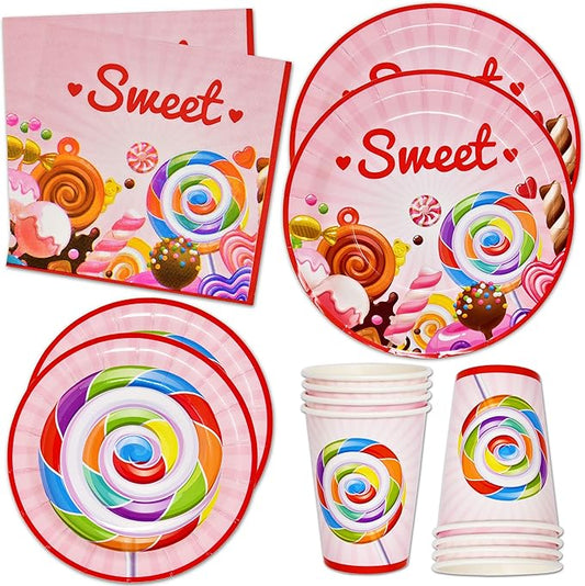 Gift Boutique 122 Pcs Candyland Party Supplies Set Paper Plates Cups Napkins for Colorful Sweet Candies Shoppe Lollipops Birthday Disposable Dinnerware Serves 24